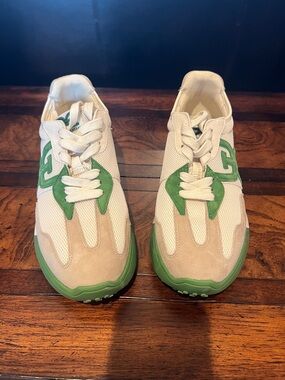 Sam Edelman Langley Green and Cream Suede-Trim Sneakers  
Like new